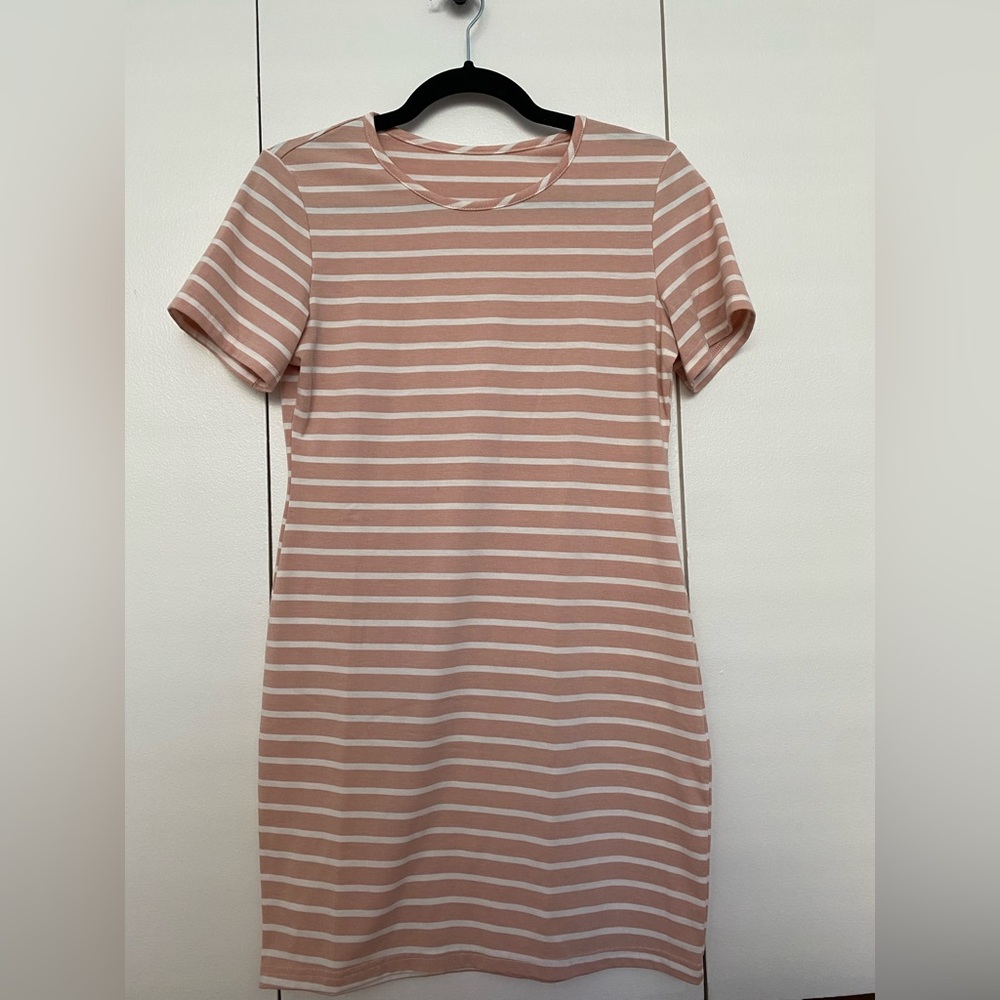 H&M - Pastel Pink White Striped Mini T-Shirt Dress